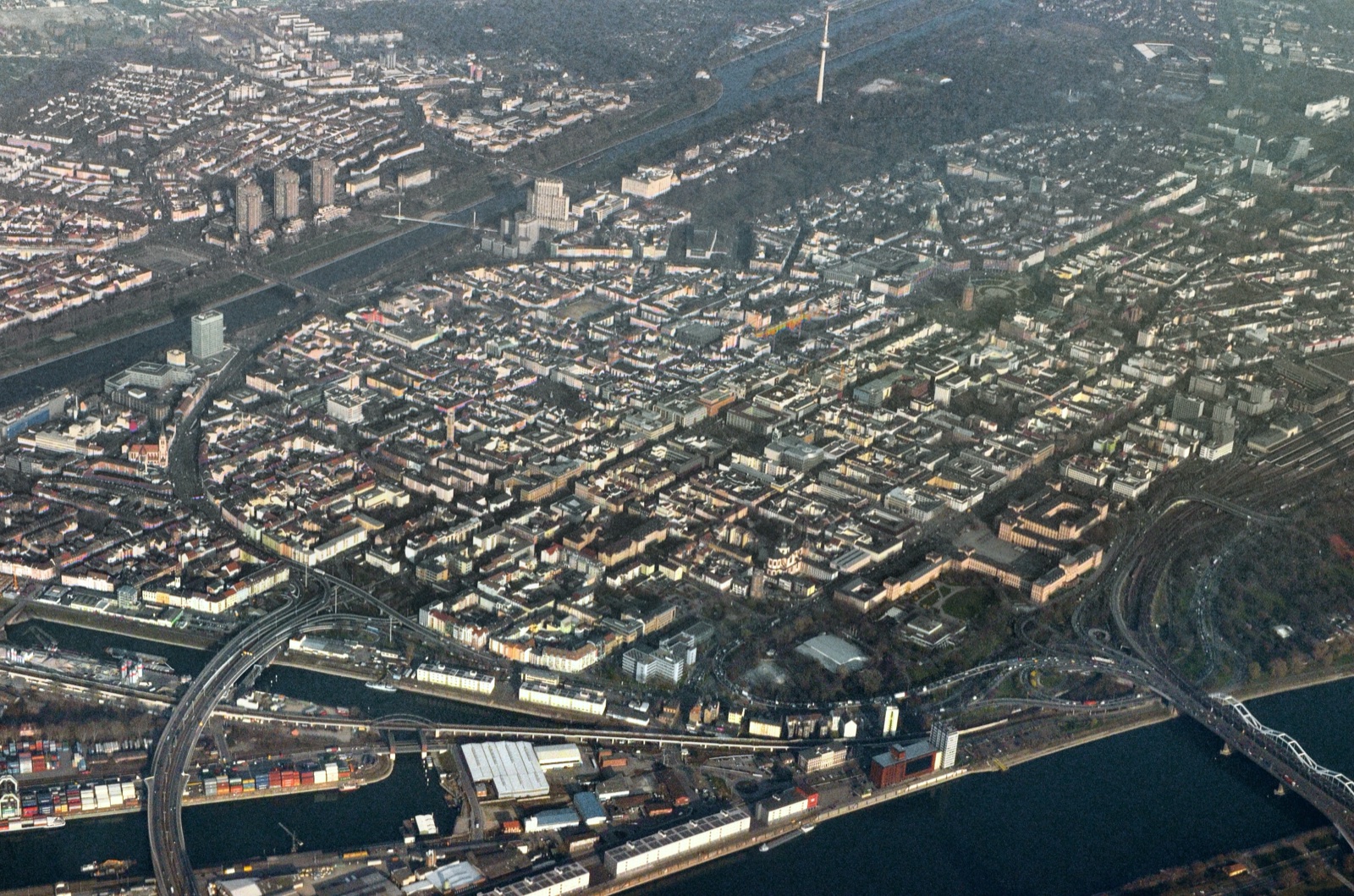 Aerial view of Mannheim city centre and its grid of squares